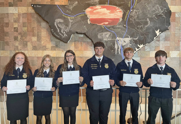 LONE STAR DEGREES Six Jayton-Girard FFA members received their State FFA Lone Star Degrees at the annual State Convention in Fort Worth last week. This degree is the highest state degree that an FFA member can achieve. Congratulations go to (from left) Reese Redford, Jace Chisum, Sidney Hall, Cooper Spray, Caleb Herzog and Cutter Lee. | COURTESY PHOTO