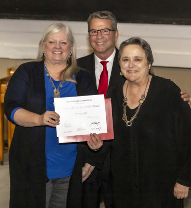 HISTORIC RECOGNITION Texas Sen. Charles Perry presented the Texas Historical Commission’s Texas Treasure Business Award on Sunday to Barbara Brannon (left), editor, and Kay Ellington (right), publisher of The Texas Spur, which has operated continuously in Dickens County since 1909. | FRED CERVANTES
