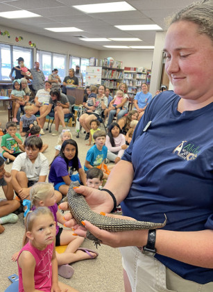 LYING LIZARD A Sudanese lizard was one of the animals that the Abilene Zookeepers showed local youngsters at the library event Tuesday. | TEXAS SPUR