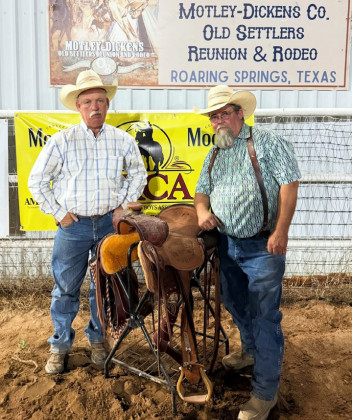 RODEORESULTS This weekend’s unofficial Adult WRCA (Working Ranch Cowboys Association) results from the Motley-Dickens Old Settlers Reunion and Rodeo in Roaring Springs included Top Hand Waylon Davis, EC Cattle Co. / Mule Creek Cattle (his prize saddle is pictured with maker Will Burgess and co-sponsor, George Hodges). | COURTESY PHOTO