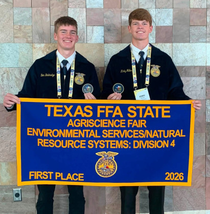 TOP 10 IN NATION JGISD FFA’S Ben Baldridge and Kirby Miller are officially top 10 in the nation. They received word that their agriscience fair project was selected and they will be interviewing for their top 10 placing in the Environmental Sciences/Natural Resource Systems category. The boys will compete in the virtual interview in September and then travel to Indianapolis, Indiana to walk the stage at Lucas Oil Stadium during the 99th National FFA Convention in October. | COURTESY PHOTO