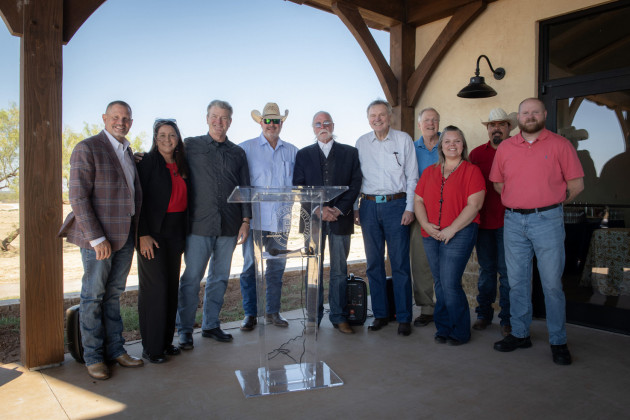 3 RIVERS RANCH TTU System leadership and staff and members of the 3 Rivers Foundation for the Arts and Sciences gathered recently at the 3 Rivers Ranch Community Luncheon. From left: Patrick Kramer, Ginger Kerrick Davis, Tedd L. Mitchell, Clay Cash, Don Malone, Ken Fergeson, Bob England, Cady Alvarado, JL Alvarado and Jerry Gardner. | COURTESY PHOTO