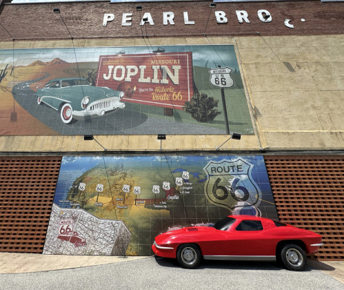 ROUTE 66 IN 3-D Yes, the convertible (only half of one, actually) is part of the art installation on Joplin’s Pearl Bros. building.