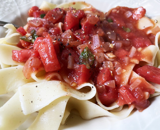 PAPPARDELLE— pasta in the shape of wide ribbons—is the basis for this hearty, healthy main dish. | ANGELINA LaRUE PHOTO