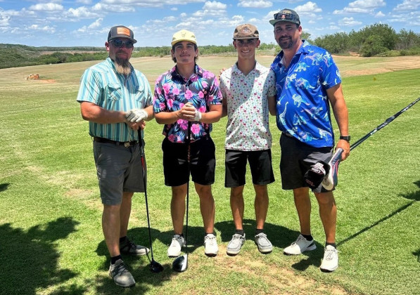 SPUR HS JUNIOR CLASS was the beneficiary of a golf fundraiser held last week in Spur. Pictured above, and finishing in 1st place was the team of Brandon McBroom, Ace Taylor, Rylan Bingham and Chance Bingham. Not pictured is the 2nd place team of Dustin Fincher, Colt Gentry, Bode Ham and Clint Long. Honors for the longest drive went to Brooke Reese, and Closest to The Pin was won by Landon White. The class sponsor is Kristy Price. | COURTESY PHOTO