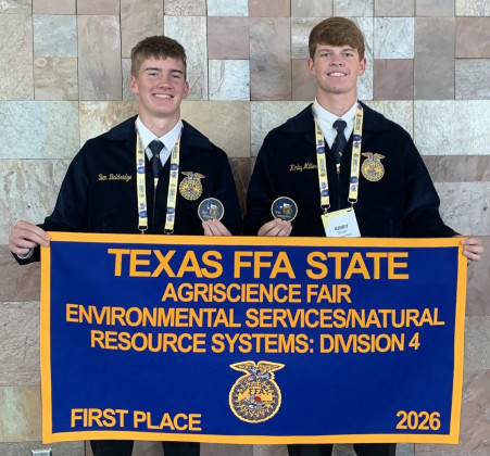 Jayton’s Kirby Miller and Ben Baldridge were selected as the Texas FFA Agriscience Fair State Champions in Environmental Systems/Natural Resources (ENR), Division 4. They were recognized on stage at the 3rd general session of the Texas FFA State Convention in Fort Worth last week. | COURTESY PHOTOS