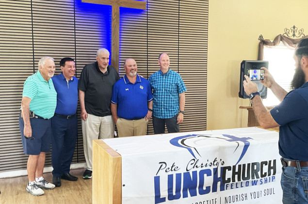 SCHOOL, SPORT AND SPIRIT came together July 8 at the Spur Methodist Church, with KCBD sports director Pete Christy (second from left) joining Spur ISD Superintendent Craig Hamilton (second from right), with former educator Oran Hamilton (far left), retired Slaton ISD Superintendent Jerry Hogue, and Pastor Mike Martindale.