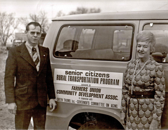 COMMUNITY-MINDED VOLUNTEERS such as County Judge Young and Robbie Joe Hoover back in the day provided rural transportation as well as meals and other services. Flash forward to 2024, when the Spur Senior Center volunteers provide mealson- wheels lunches all over town, five days a week. | SPUR SENIOR CENTER
