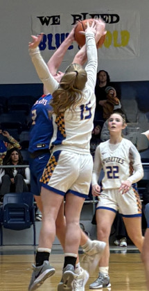 Spurette Erin McGalliard (15) battles for a rebound against Valley January 17.