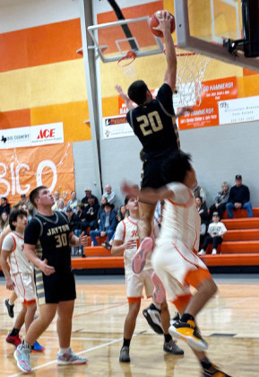 Senior Colt Gentry’s second dunk of the Jaybirds’ district win over Rotan.