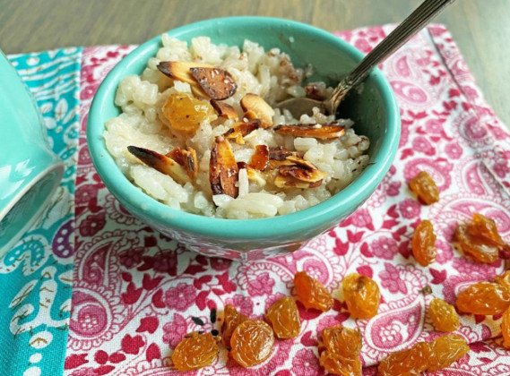 Rice pudding with brûléed almonds a non-dairy twist