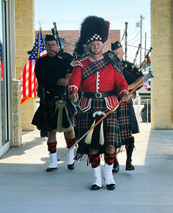 COLOR GUARD comprising members of fire and police departments from across West Texas opened Saturday’s program to dedicate the firehouse at Third and Burlington in Spur, a gift of the Swenson family., which was completed this spring. Representing the Lubbock Fire Department were Blake Ball. (Spur Class of 1995), Mark Belcher, Wesley Crumpler, Brent Smith (retired); Permian Basin First Responders Pipe &amp;amp; Drum Corps, Andrew McElroy, Kayla Hogan, Joe Galindo.