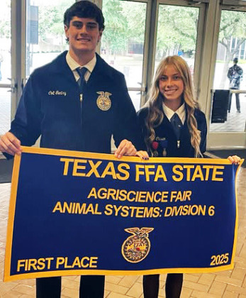 NATIONAL FFA HONORS Jayton’s Colt Gentry and Jace Chisum were selected as National Reserve Champions at last week’s National Future Farmers of America national convention in Indianapolis. Kirby Miller stood in for Chisum, who was in Round Rock,Texas, at the State cross country meet. Also shown is a previous photo of Gentry and Chisum with previous 4-H honors. | COURTESY PHOTOS