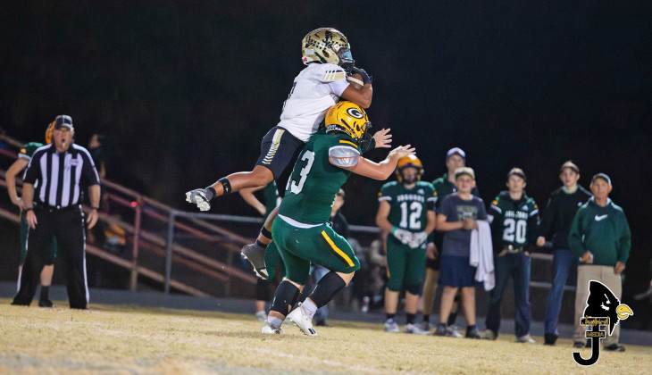 JAYBIRDS OVER JAGUARS The high-flying Jayton football squad came away with the victory over Guthrie Friday night for an 11th consecutive Bi-district gold ball. | JAYTON YEARBOOK PHOTOS