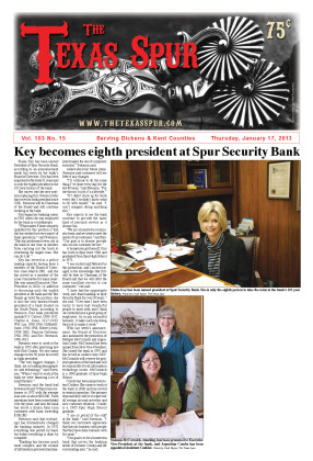 THREE BANKERS PROMOTED IN ’13 In 2013, when Elaine Key was named president of Spur Security Bank—the first woman to hold the post, and only the eighth in its then-103-year-history— Melanie McCormick was also named executive vice president; also pictured is Argentina Combs, who was appointed assistant cashier. The recognition, which headlined The Texas Spur issue of Jan. 13 that year, also ran in Banking Digest. | TEXAS SPUR ARCHIVES