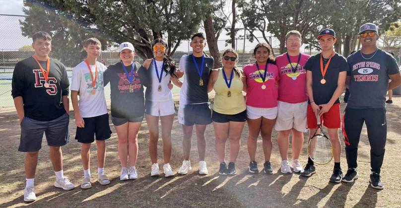 The Patton Springs tennis team excelled at their tournament last week, with everyplayerscominghome with a medal. Results were: Tory Childers and Diezel Ramirez, 1st place, mixed doubles; Kiarra Salas and Colton McCoy, 2nd place, mixed doubles; Kayson Chandler and Jet Ramirez, 3rd place, boys doubles; Emma Schaffner, 1st place, girls singles; Shonna Salas, 1st place, girls singles; and Eli West, 3rd place, boys singles. | COURTESY PHOTO