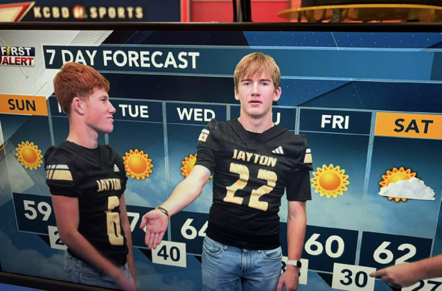 HONORED IN LUBBOCK The Jayton Jaybirds are no strangers to the KCBD-TV studio in Lubbock, where they’ve previously been honored as the End Zone Team of the Week. On Dec. 17 the Flock will head to AT&amp;amp;T Stadium in Arlington to defend their state title, facing the Richland Spring Coyotes at 2 p.m. The Texas Spur will be on hand for live coverage. | COURTESY PHOTOS
