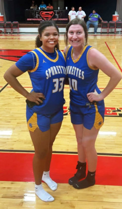 Class of 2024 graduates Tatum Walker (left) and Riley Davis played in the Brazos Bowl All-Star basketball game on Saturday in Strawn, representing Spur on the court one last time. Their team won 40-32. | COURTESY PHOTO