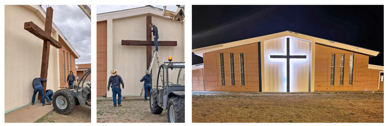 LIFT HIGHTHE CROSS A new wooden cross was installed last week on the wall of Spur’s First Baptist Church that faces Burlington Avenue across a vacant lot. The cross will be backlit at night, as shown in the last image. | COURTESY PHOTOS
