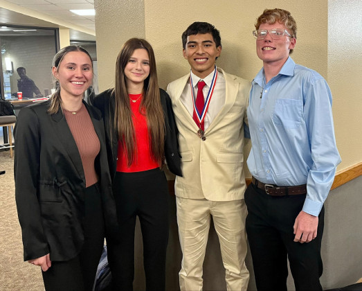 was held at the Region 17 Service Center in Lubbock last week. In the activity, students receive a list of 16 bills (written by students from the Region), research them, then hold a mock Congressional hearing over those bills. Students are ranked based on the pro/con speeches they give related to the bills. From left, Jeri Holcomb, Saegan Molina, Joshua Ortiz and Adrian GarzaWest participated; Joshua Ortiz placed 4th and is 1st alternate to State. | COURTESY PHOTO