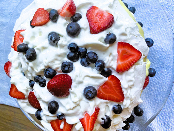 THE PAVLOVA CAKE has been revived and made more popular in recent years; this one includes fresh blueberries and sliced strawberries for a nice summery touch. | ANGELINA LaRUE PHOTO