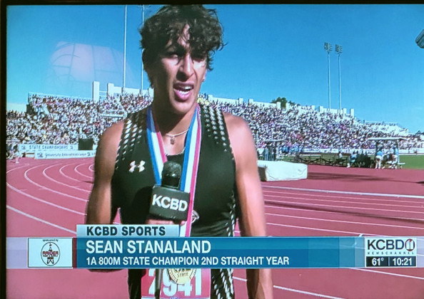 GOLD MEDALIST Following his 1st-place finish in the boys 800m run at the State Track Meet on Saturday, Jayton’s Sean Stanaland was interviewed by Lubbock’s KCBD-TV on how it felt to win the medal the second year in a row. | COURTESY PHOTO