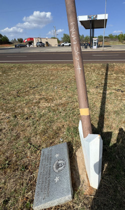 CROSSED OUT Graffiti markings were recently found on several monuments in Spur’s Dyess Park (on Hill Street., Highway 70, across from Allsup’s), a highly visible point of interest in the small town. The discovery prompted comment from Hanaba Munn Welch, whose columns run weekly in The Texas Spur’s sister newspapers. | THE TEXAS SPUR
