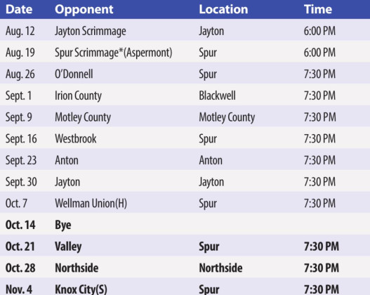 2022 Spur Bulldog Varsity FOOTBALL SCHEDULE