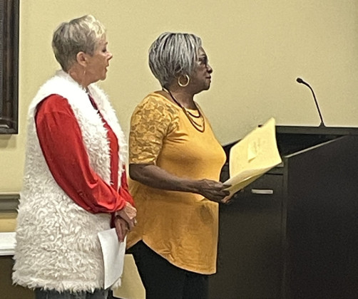 POOL PITCH Mayor Louise Jones of Spur (right) and swimming pool committee member Marcella Bilberry briefed the Dickens County Commission on how the city pool will be managed once it’s completed and opened this summer, and requested assistance with operating funds. | THE TEXAS SPUR