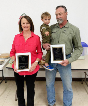 In Jayton last week, well wishers honored longtime county judge’s secretary Becky Arnold (left) and county commissioner Roy Chisum with a retirement party | COURTESY PHOTO