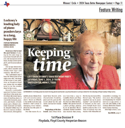 CENTENARIAN LUCY DEAN RECORD of Lockney told her inspiring story to The Floyd County Hesperian-Beacon the week before a community-wide celebration.