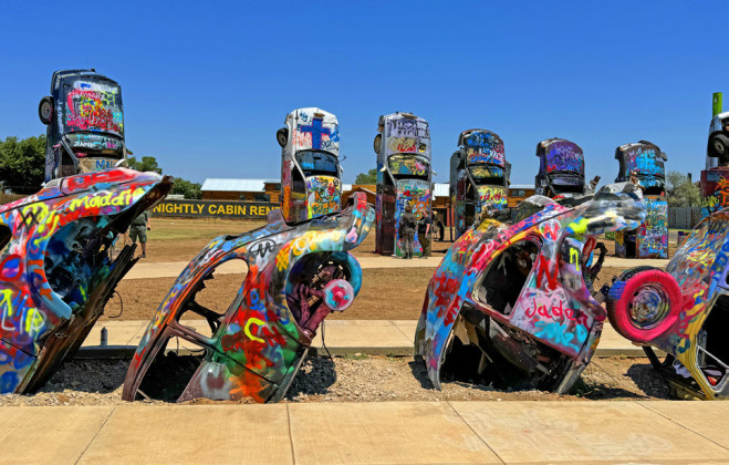 THE SLUG BUG RANCH newly installed at the Big Texan RV Park east of Amarillo bookends the Cadillac Ranch on the west. | THE TEXAS SPUR