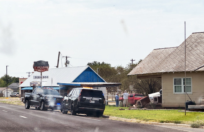 A DODGE RAM PICKUP TRUCK veered off Highway 70 northbound in Spur Monday morning and collided with the front porch of the Taylor residence at the corner of Hill Street and Carroll Avenue. The driver was the only occupant of the vehicle; no one was inside the house at the time of the incident. | THE TEXAS SPUR