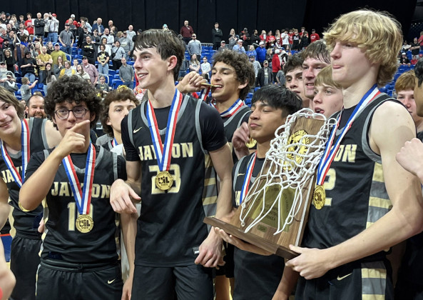 BASKETBALL CHAMPS The Jayton Jaybirds accepted their UIL trophy in San Antonio in March. | SUE JANE SULLIVAN PHOTO