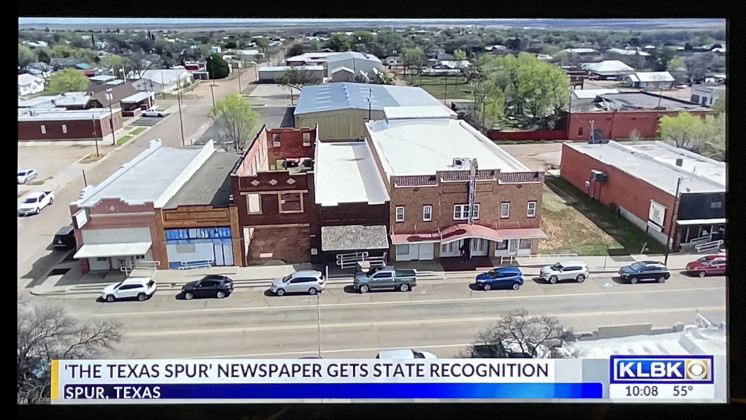 TEXASTREASUREAWARD was presented toTheTexas Spur newspaper organization by Sen. Charles Perry, honoring continuous local operation since 1909. The Texas Spur has been located in its same building (center, to the north of the PalaceTheater) since it was built around 1930. | COURTESY PHOTO