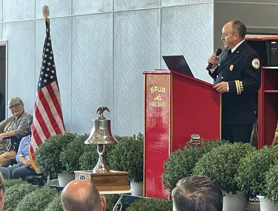 SPUR FIRE CHIEF WESS ABBOTT (right) presided over a ceremony to dedicate the city’s new million-dollar firehouse, funded largely by private donation from the Swenson family.The day of festivities included a ceremonial entry by a drum and bagpipe corps made up of firefighters from the region; prayers for the safety of the community and firefighters; presentation of awards and recognitions; and a catered lunch in the firehouse served to several hundred dignitaries and the public. | THE TEXAS SPUR