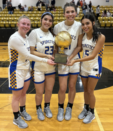 CELEBRATION Spurettes seniors celebrate their 63-20 bi-district win. From left are Erin McGalliard, Addison Fulmer, Kimberlee Segura and Olivia Ortiz. | TEXAS SPUR PHOTO