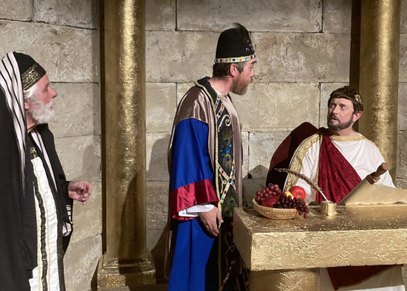 RAGTOWN GOSPEL THEATER Glenn Polk, left, as Annas, observes his son-in-law, the chief priest, Caiaphas, played by Mikey Gonzales, center, confronting Pontius Pilate, played by Ron Meadows in “33 A.D.,” to be performed at the Ragtown GospelTheater in Post through April 20. | COURTESY PHOTO