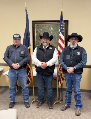 DICKENS COUNTY SHERIFF’S OFFICE Flanking newly installed sheriff Jay Allen Jan. 2 are deputies Ray Golden (left) and Ramiro Barbosa (right). | THE TEXAS SPUR