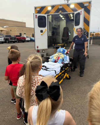 HEALTH AND SAFETY Rosanna Chisum with Kent County Emergency Services discussed the life of a paramedic and EMT with JGISD Pre-K and Kinder classes last week. | COURTESY PHOTO