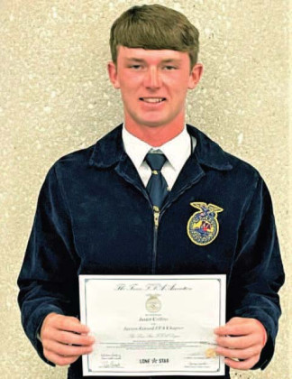 FFA HONORS Congratulations to Jayton’s Justin Collins on receiving his Texas FFA Lone Star Degree last week. The Lone Star Degree is the highest degree of membership the State FFA Association can award. | COURTESY PHOTO