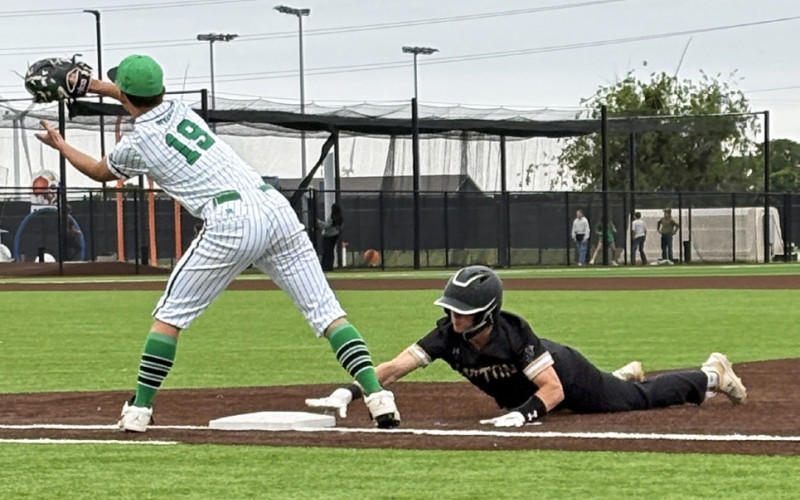 JAYBIRD BODE HAM gets back to first base in time on a pickoff attempt in Jayton’s bi-district game April 29 in Clyde.
