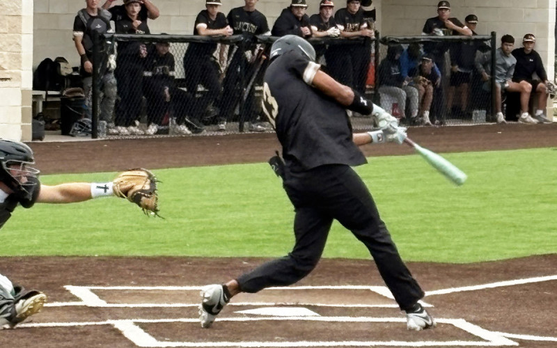 SENIOR SHORTSTOP SEAN STANALAND gets a good cut against May pitching in the Jaybirds’loss to the Tigers. Stanaland earned a base-on-balls in the at-bat.