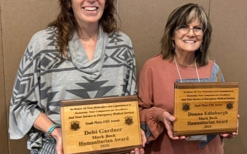 SELFLESS SERVICE McAdoo’s Debi Gardner, left, and Donna Edinburgh of the Dickens Emergency Management Service were both recognized April 11 with the Mark Beck Humanitarian Award. | COURTESY PHOTO