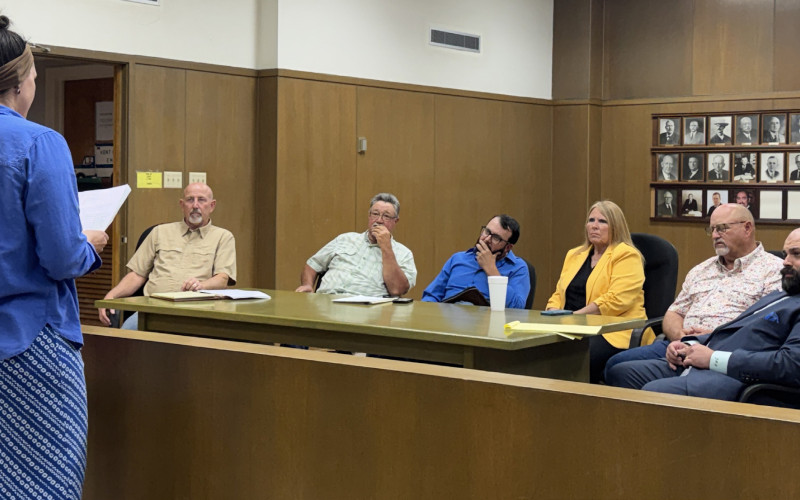 DATADECISIONS Competing concerns of property owners, citizens and business interests faced the Kent County commissioners court out of the blue this month, as a fast-moving AI data center industry turned its sights on a site in the northwest part of the county. Speaking before commission members (from left) County Judge Layne Coulter, Robert Graham, Ray Hall, Debbie Myers and Turney Coulter, with outside counsel Jake Lederle, was resident Amy Carr, who led a petition to protest the development. | TEXAS SPUR