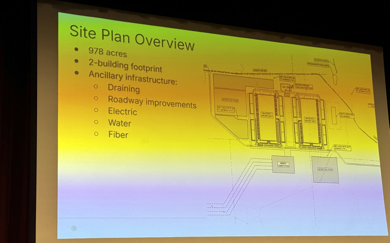 CRUSOEENERGYSYSTEMS, represented by Morgan Alu (far left) and Jane Acker in a Sunday evening community meeting at the Jayton school, discussed early plans for its Project Kent, for which it is also requesting a tax abatement. The 978-acre site would encompass two data center buildings, parking areas, and detention ponds for slowing stormwater drainage, according to a preliminary plan shown at the meeting. | TEXAS SPUR