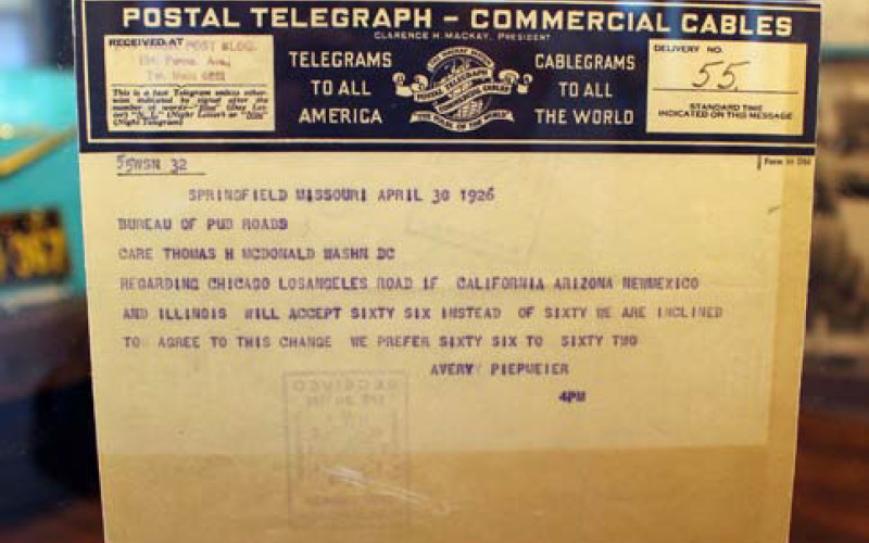 ‘WE PREFER SIXTY SIX TO SIXTY TWO’ The 1926 telegram to the U.S. Highway Department in Washington, D.C., that confirmed organizers Cyrus Avery and B.H. Piepmeier’s preference for“Route 66” is on display at the history museum located on Springfield’s Park Central Square. | PUBLIC DOMAIN / JUDY WALKER