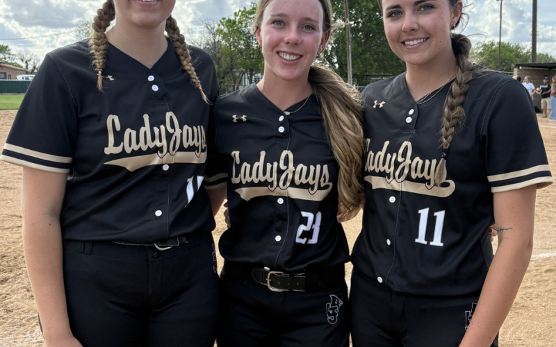 PLAYOFF BOUND The Jayton Lady Jays softball team has made history this year and will be going to the first playoff game ever for the program with help of a trio of seniors: from left, Lainey Baldridge, Remi Long and Sidney Hall. | SUE JANE SULLIVAN