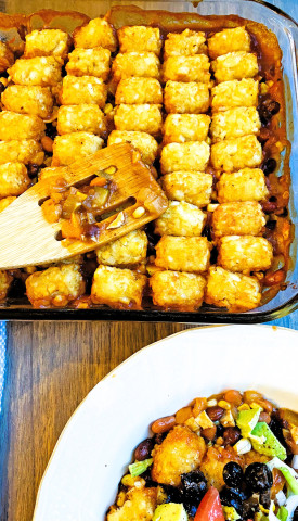 TIPS FOR TOTS Bake these premade, frozen shredded-potato favorites into a meaty, mouth-watering one-dish meal. ANGELINA LaRUE PHOTO