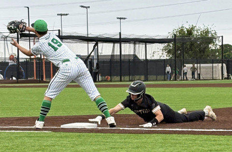 JAYBIRD BODE HAM gets back to first base in time on a pickoff attempt in Jayton’s bi-district game April 29 in Clyde.